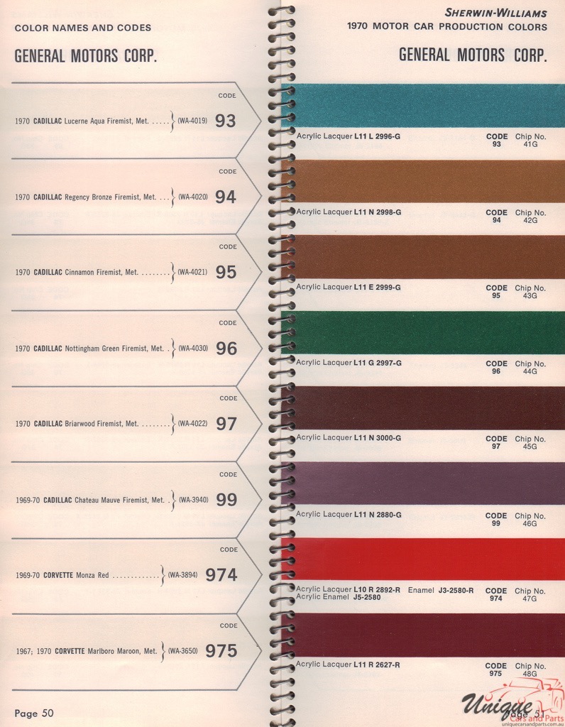 1970 General Motors Paint Charts Williams 6
